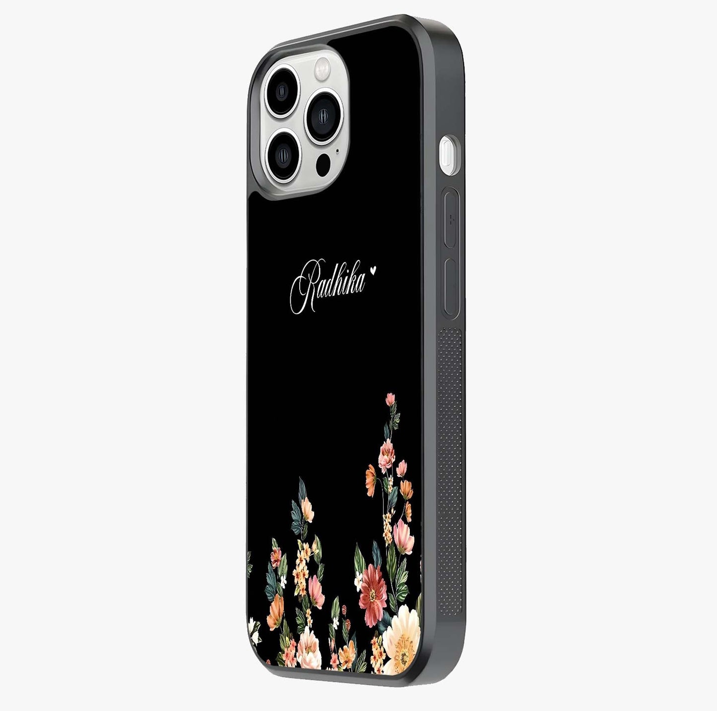Floral Design With A Custom Personalized Name Glass Case photographed in natural light showing reflective finish and design depth.