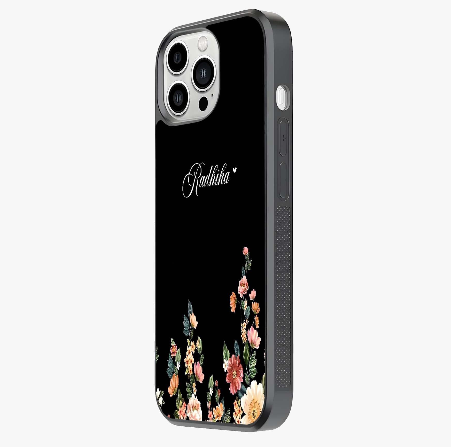 Floral Design With A Custom Personalized Name Glass Case photographed in natural light showing reflective finish and design depth.