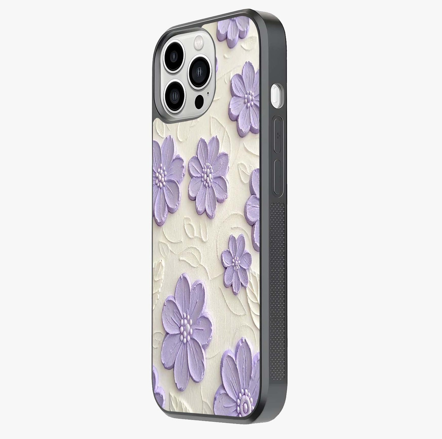 Floral Wall Art With Purple Flowers Glass Case photographed in natural light showing reflective finish and design depth.