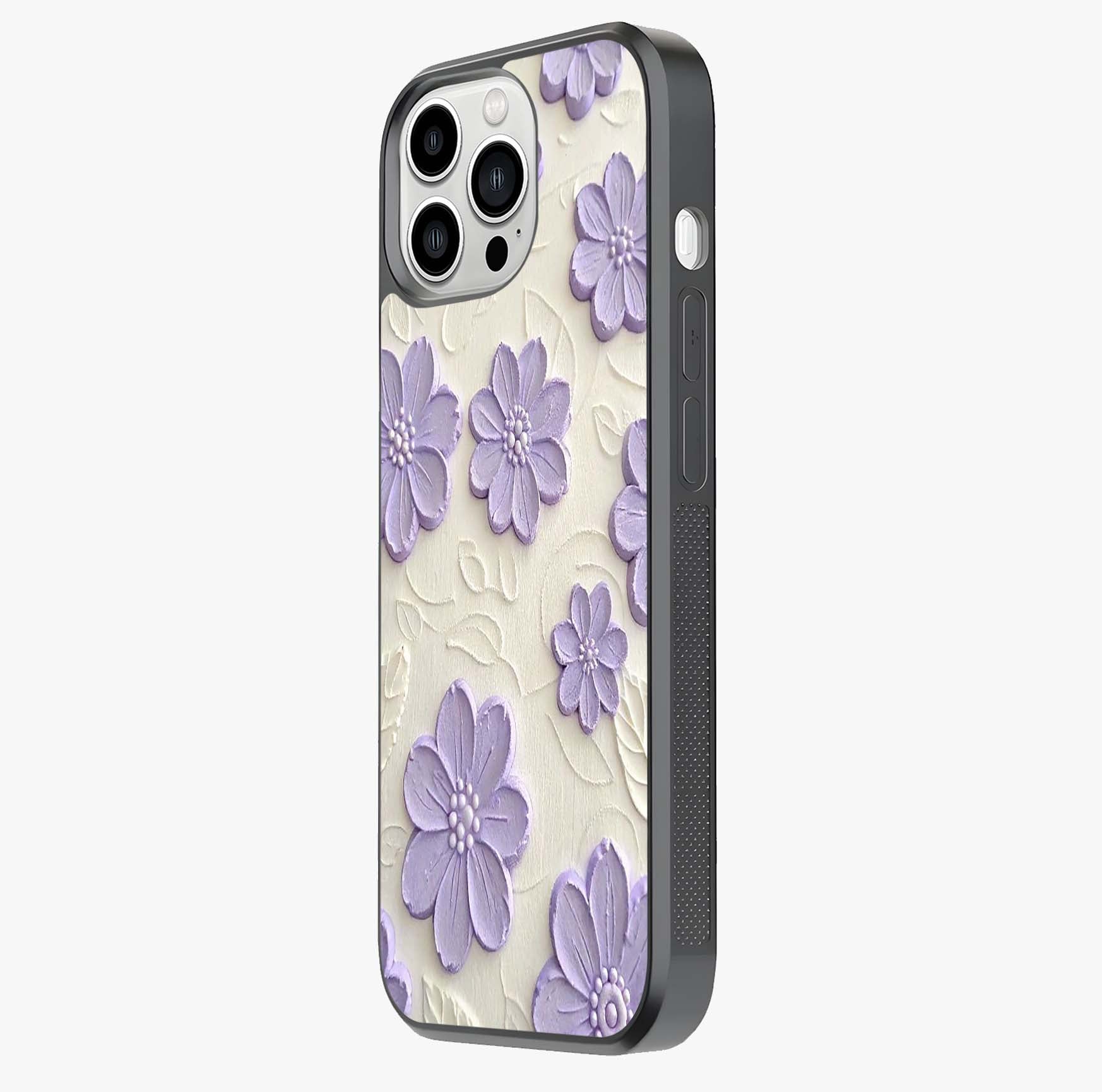 Floral Wall Art With Purple Flowers Glass Case photographed in natural light showing reflective finish and design depth.