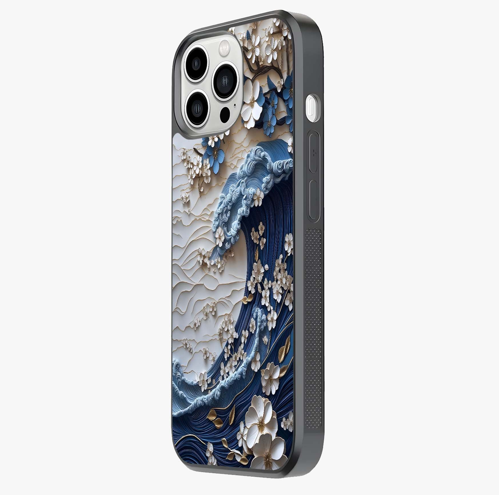 Floral Wave Origami Glass Case photographed in natural light showing reflective finish and design depth.