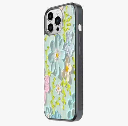 Frosted Petal Garden Glass Case photographed in natural light showing reflective finish and design depth.
