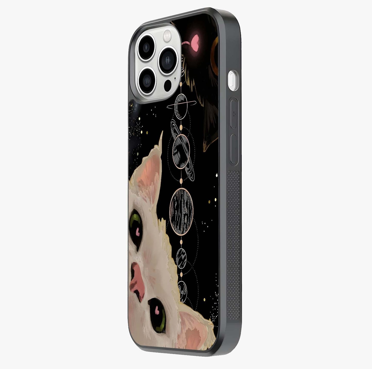 Galactic Cat Glass Case photographed in natural light showing reflective finish and design depth.