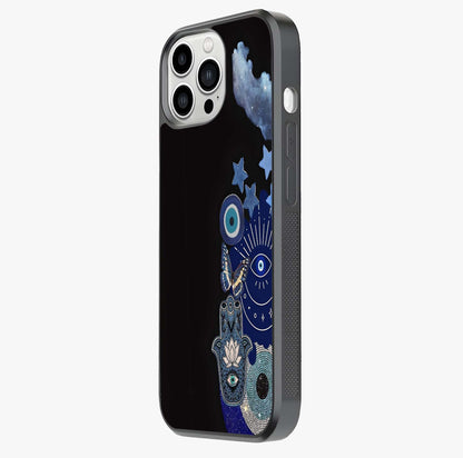 Galactic Charm Cluster Glass Case photographed in natural light showing reflective finish and design depth.