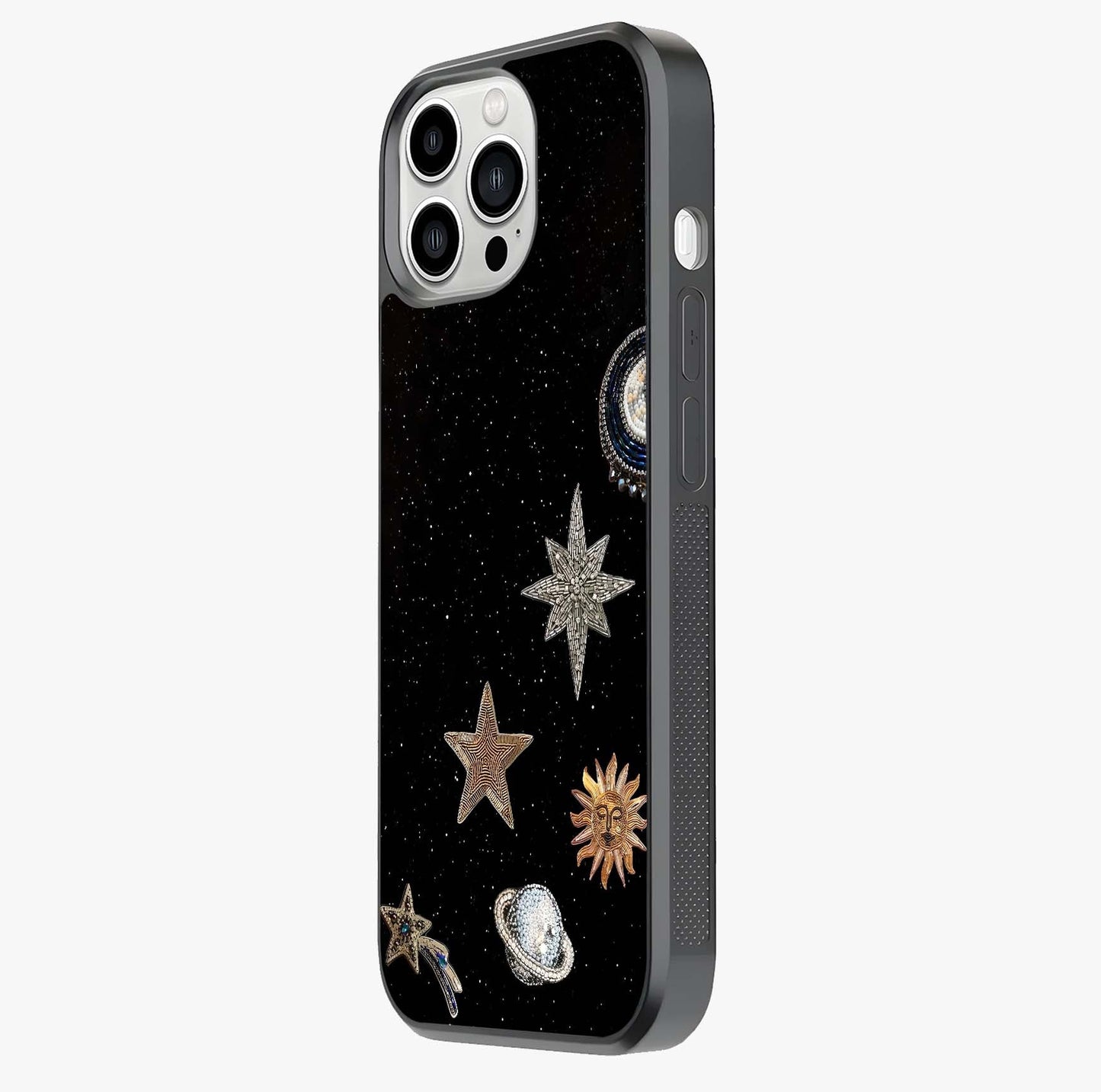Galactic Charm Glow Glass Case photographed in natural light showing reflective finish and design depth.