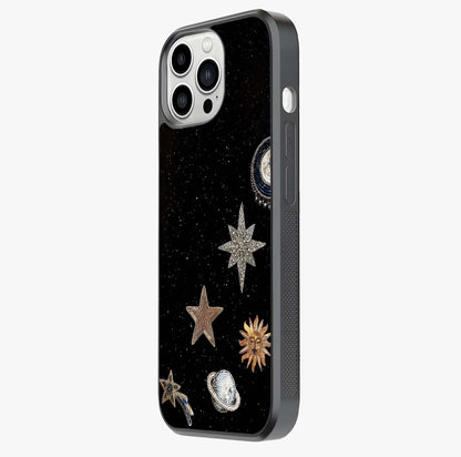 Galactic Charm Glow Glass Case photographed in natural light showing reflective finish and design depth.