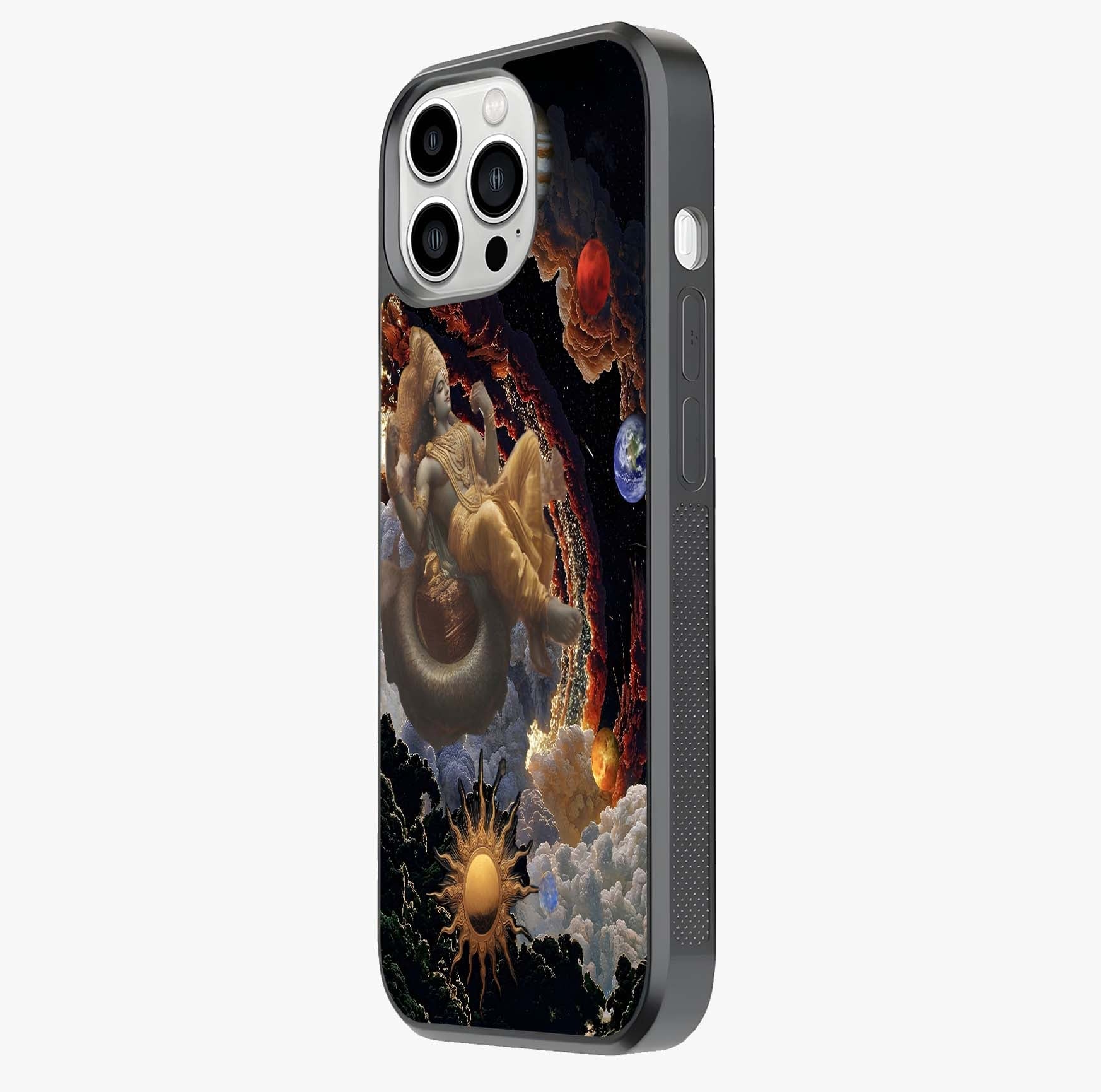 Galactic Divine God Glass Case photographed in natural light showing reflective finish and design depth.