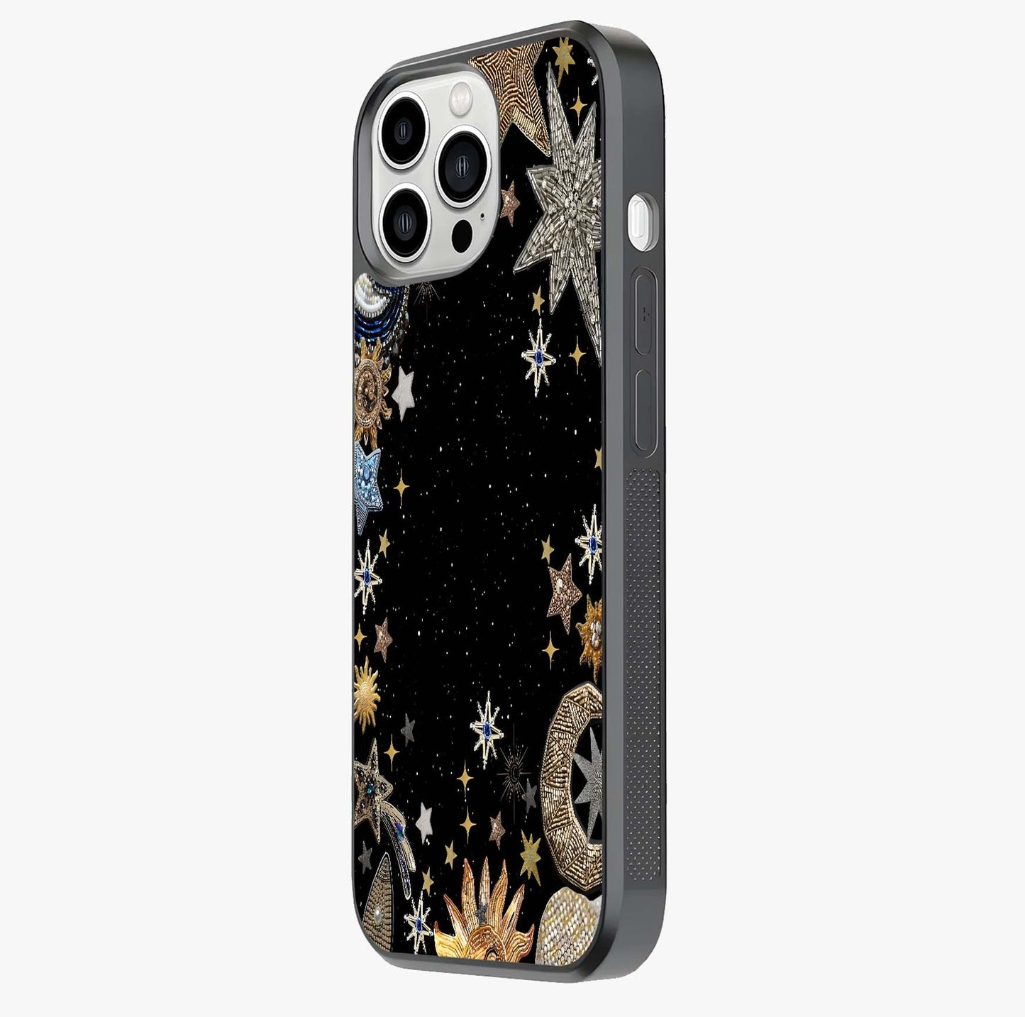 Galactic Jewel Stars Glass Case photographed in natural light showing reflective finish and design depth.