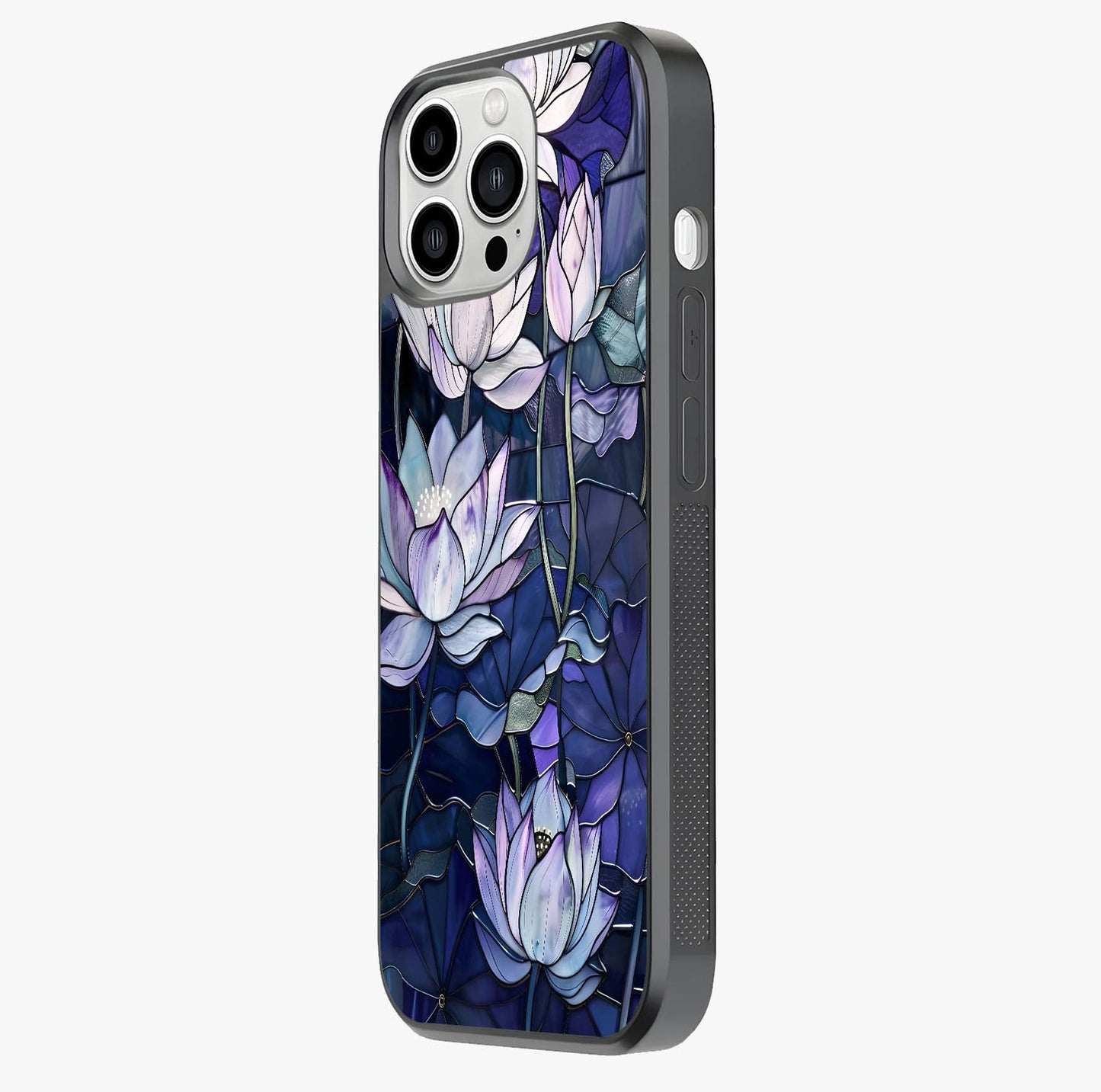 Gloss Petal Rush Glass Case photographed in natural light showing reflective finish and design depth.