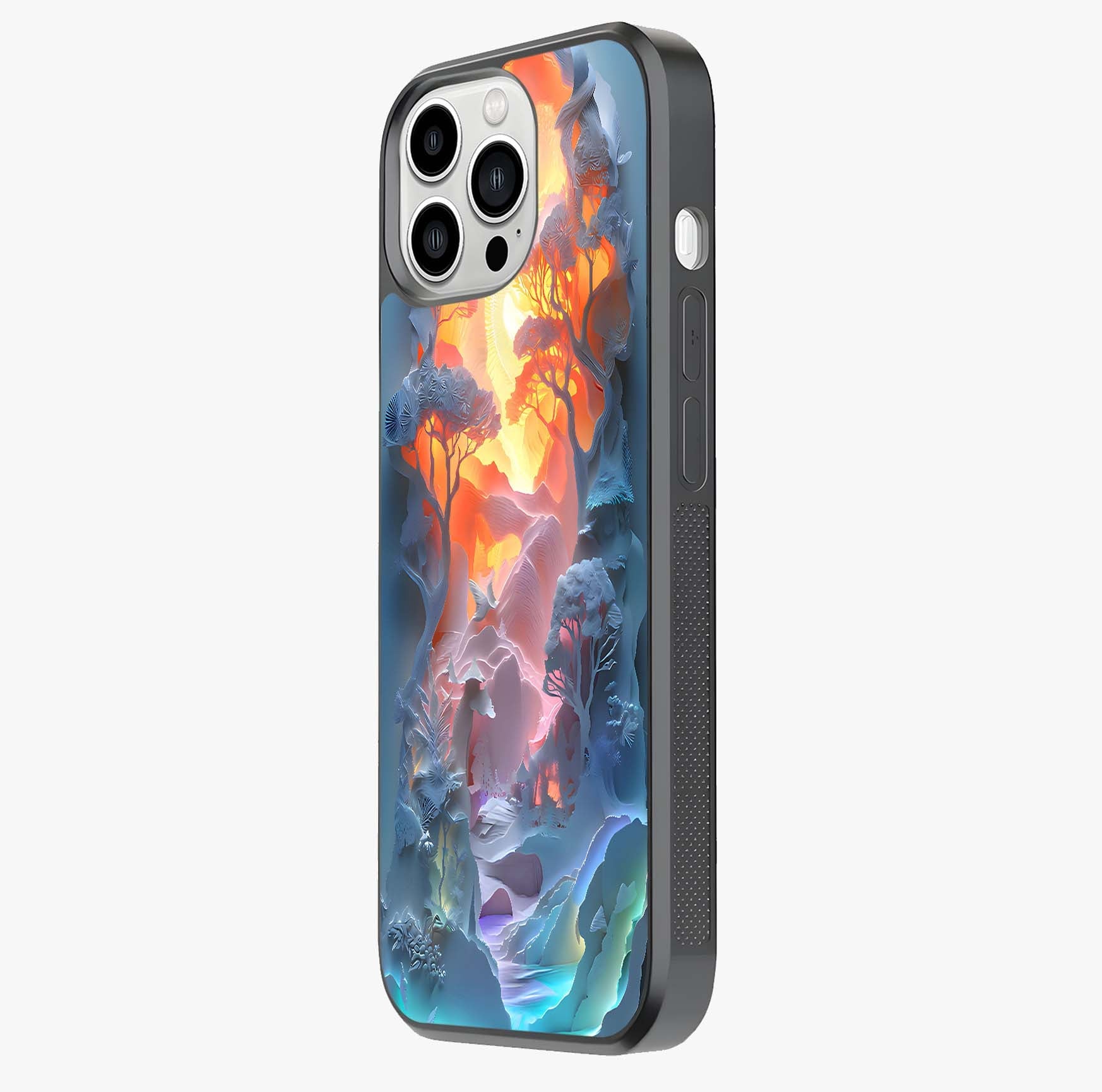 Glow Forest Portal Glass Case photographed in natural light showing reflective finish and design depth.