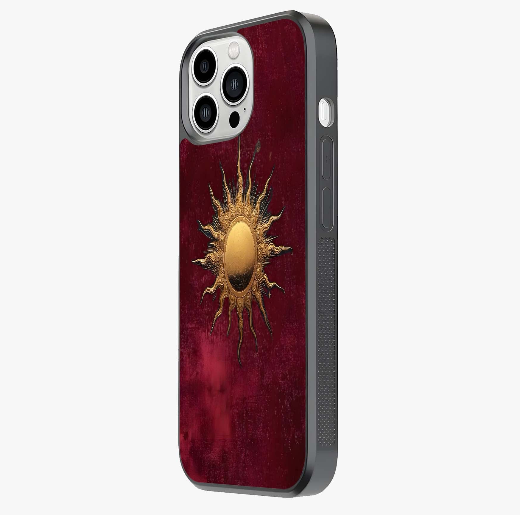 Gold Sun Blush Glass Case photographed in natural light showing reflective finish and design depth.