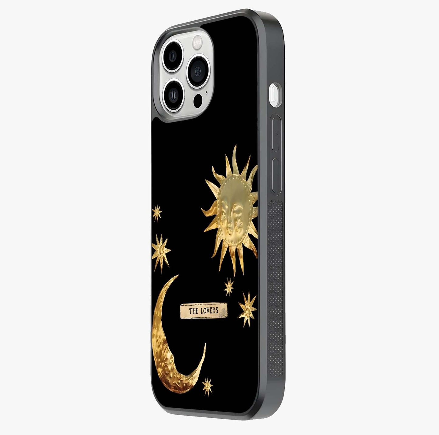 Golden Celestial Charm Glass Case photographed in natural light showing reflective finish and design depth.