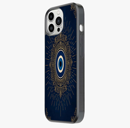 Golden Evil Eye Mandala Glass Case photographed in natural light showing reflective finish and design depth.