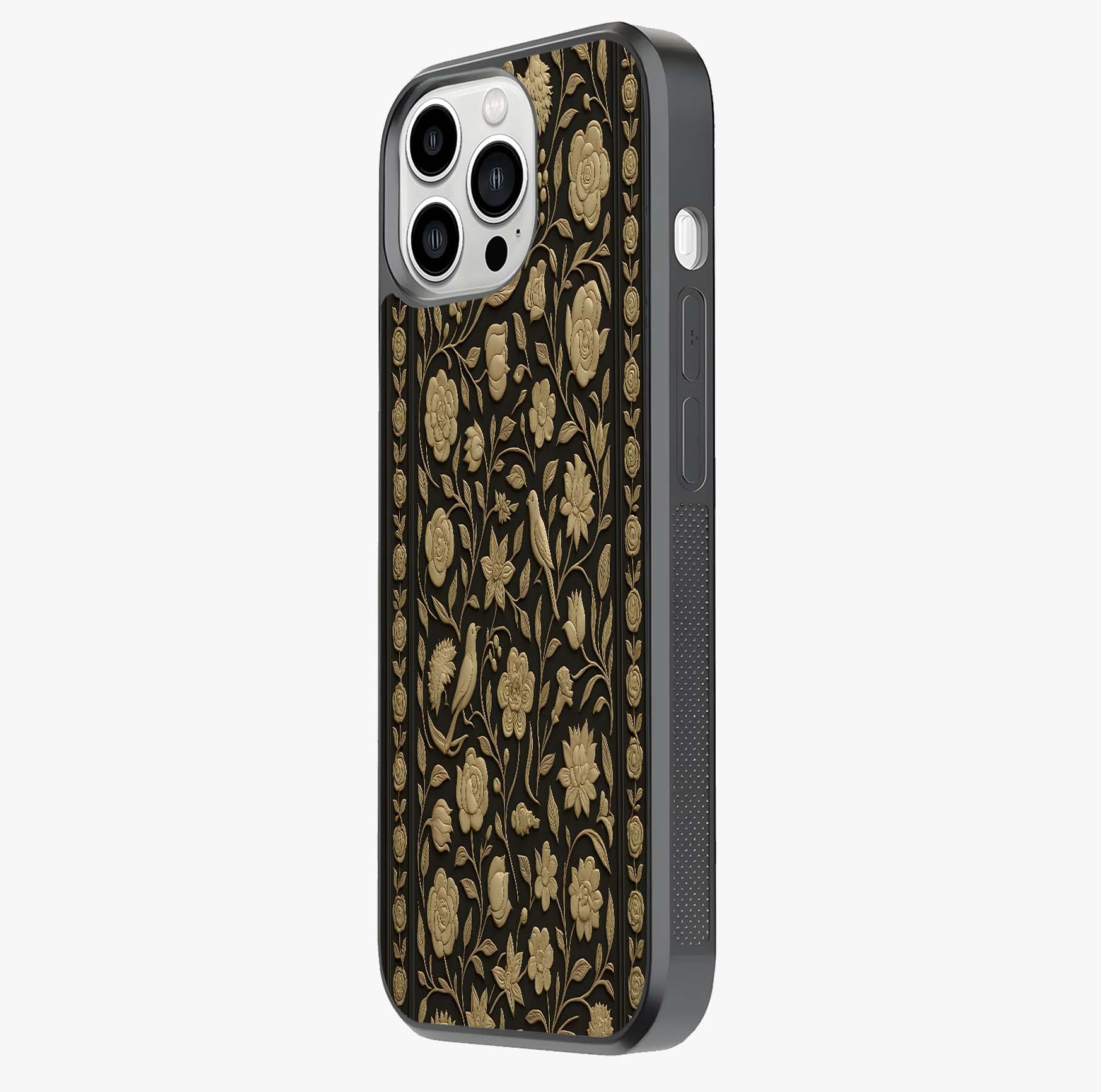 Golden Floral Majesty Glass Case photographed in natural light showing reflective finish and design depth.