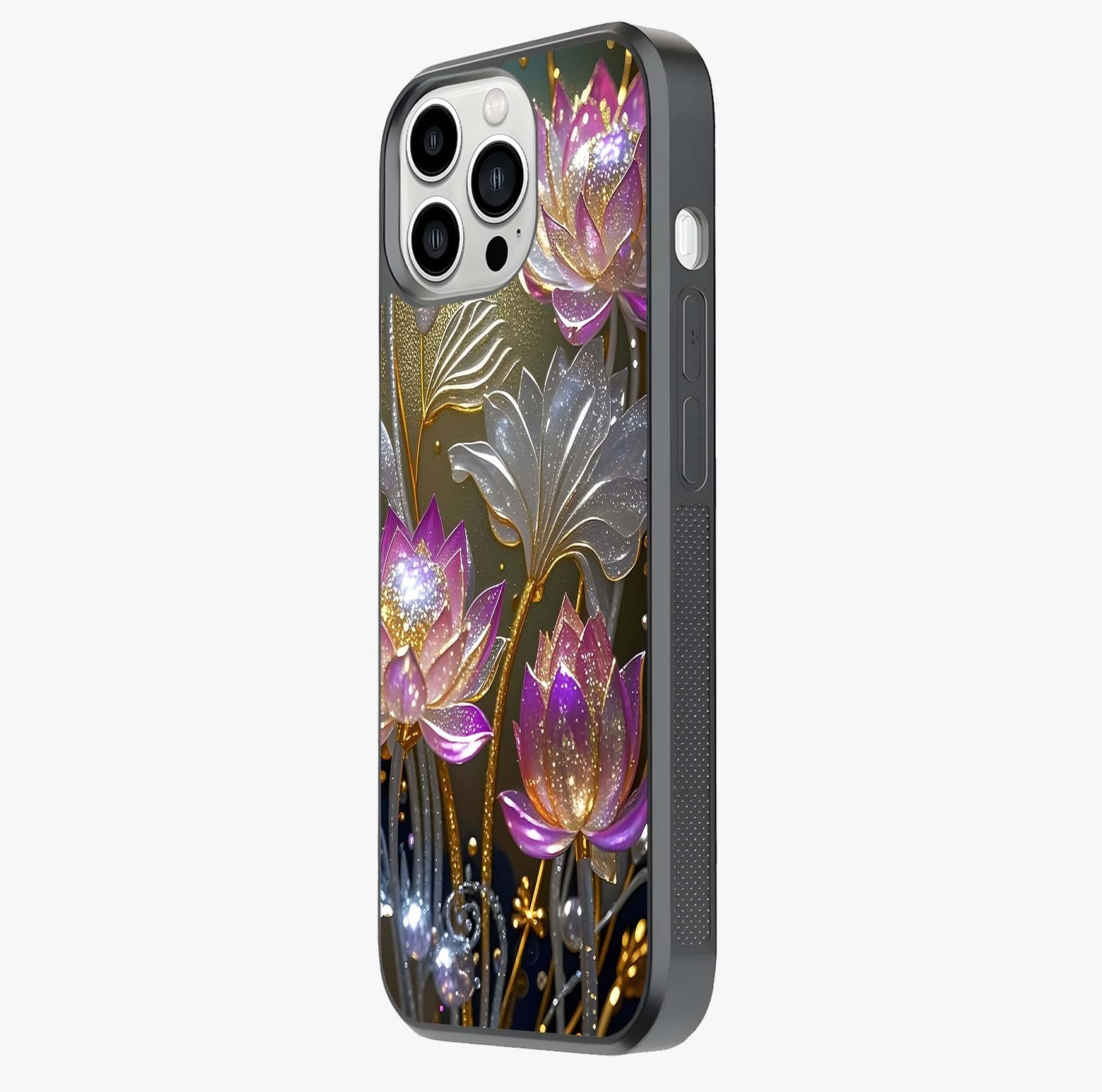 Golden Lotus Glow Glass Case photographed in natural light showing reflective finish and design depth.