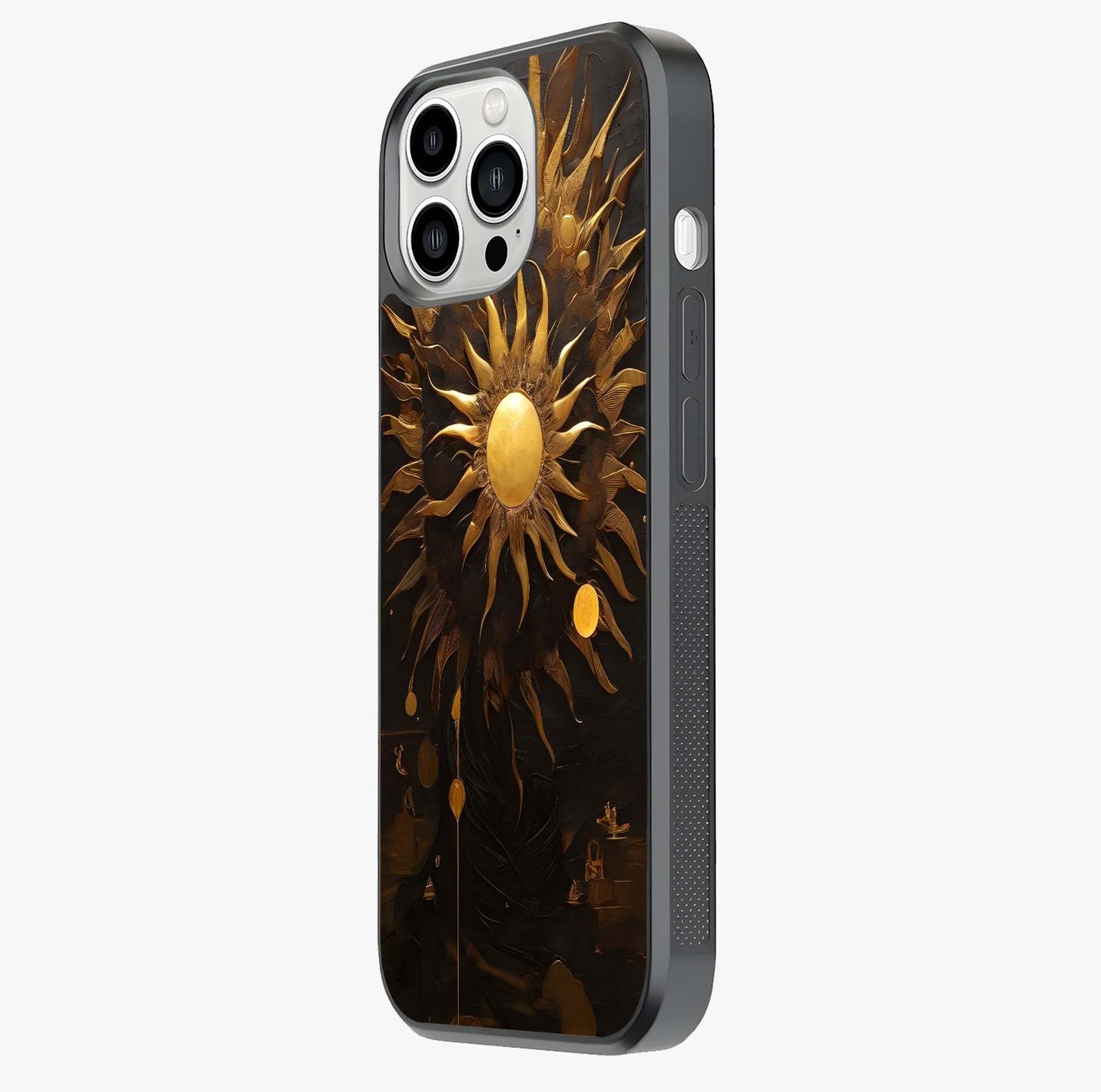 Golden Sun Majesty Glass Case photographed in natural light showing reflective finish and design depth.