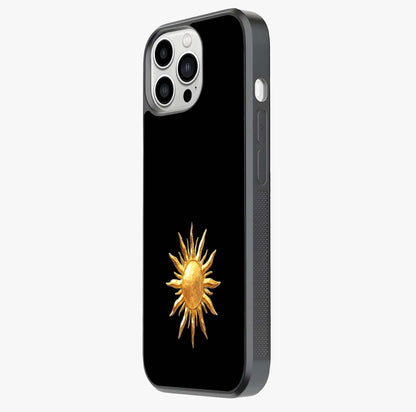 Golden Sun Minimalism Glass Case photographed in natural light showing reflective finish and design depth.