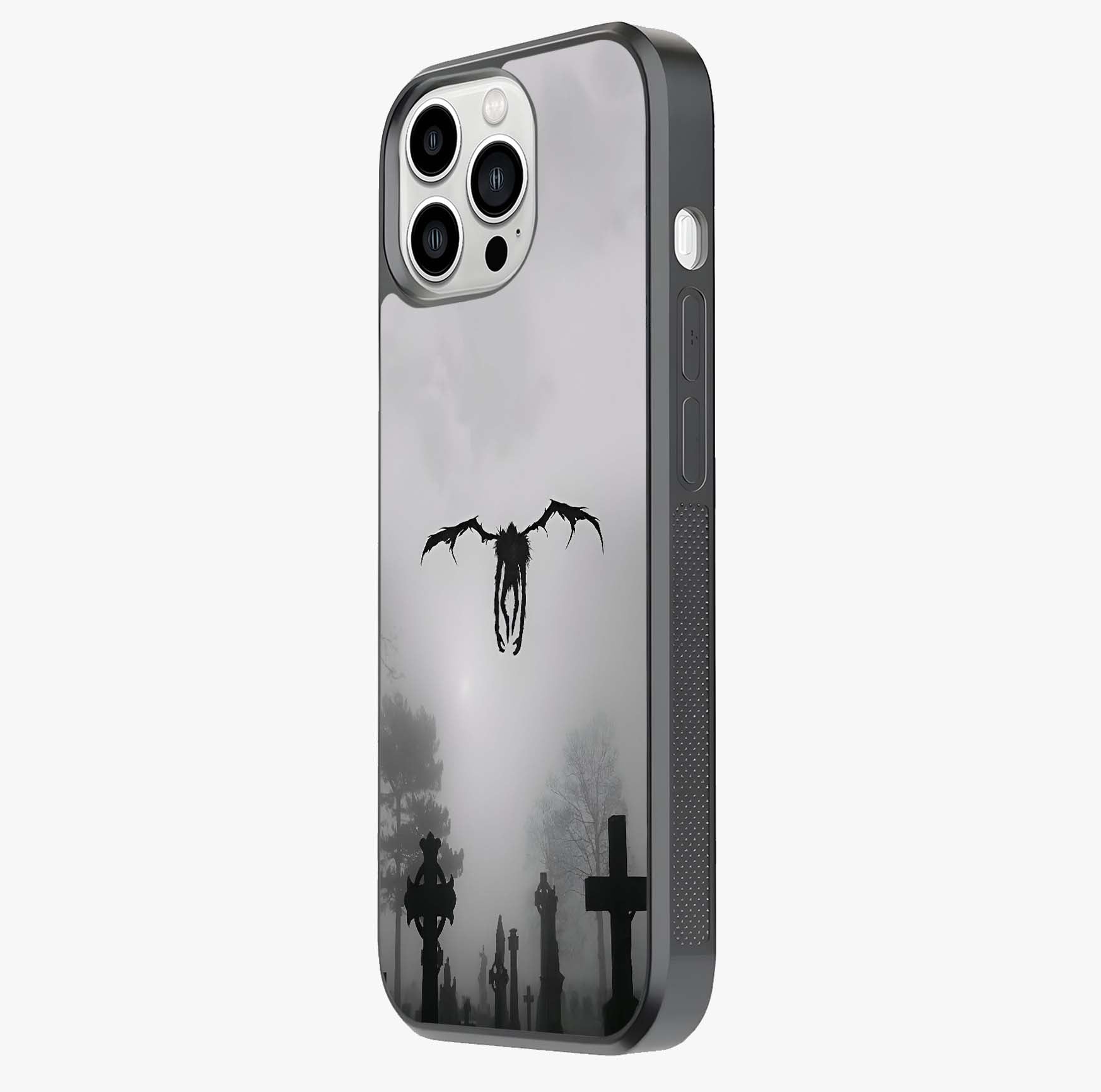 Graveyard Shadow Descent Glass Case photographed in natural light showing reflective finish and design depth.