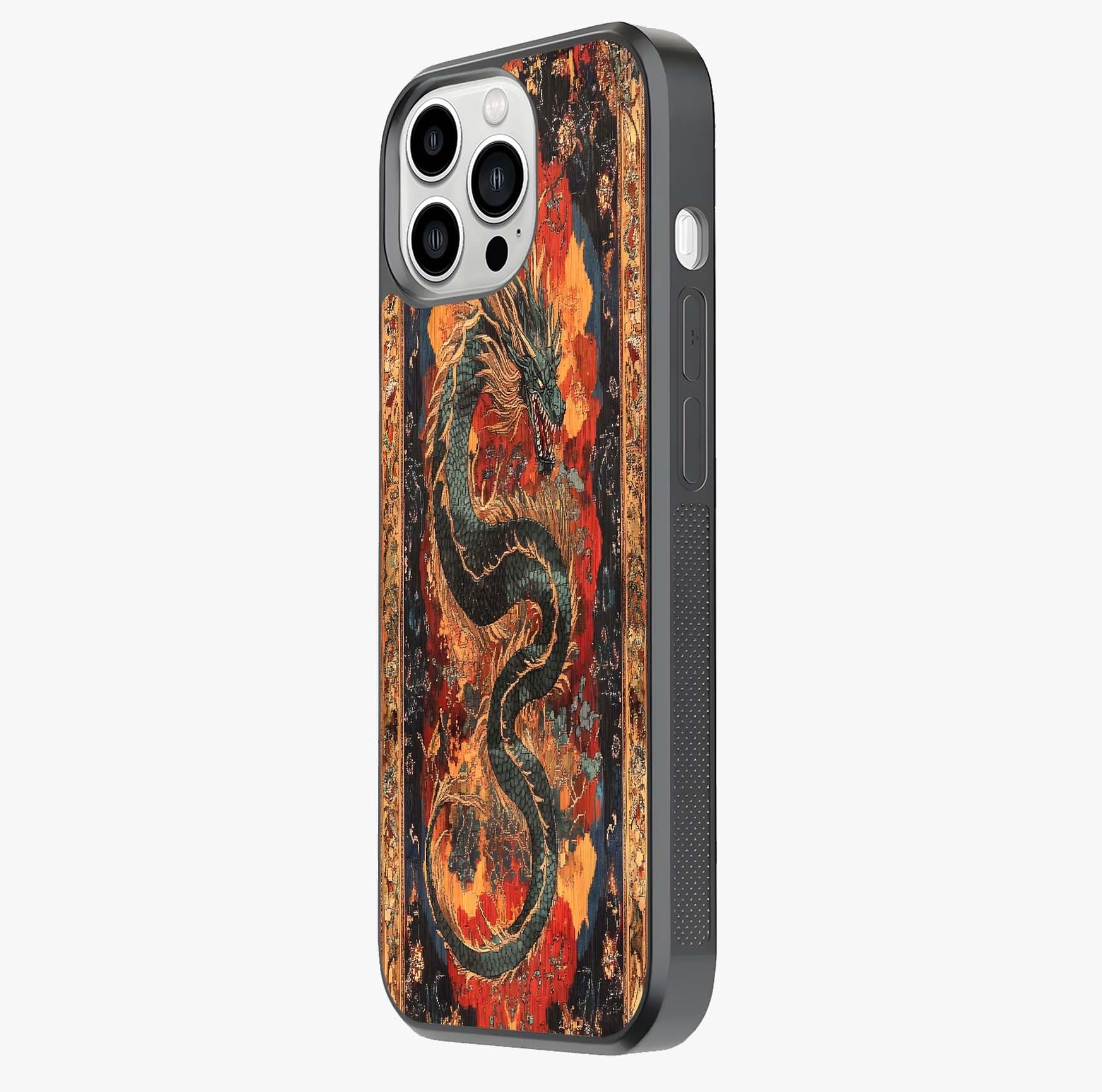 Inferno Dragon Soul Glass Case photographed in natural light showing reflective finish and design depth.