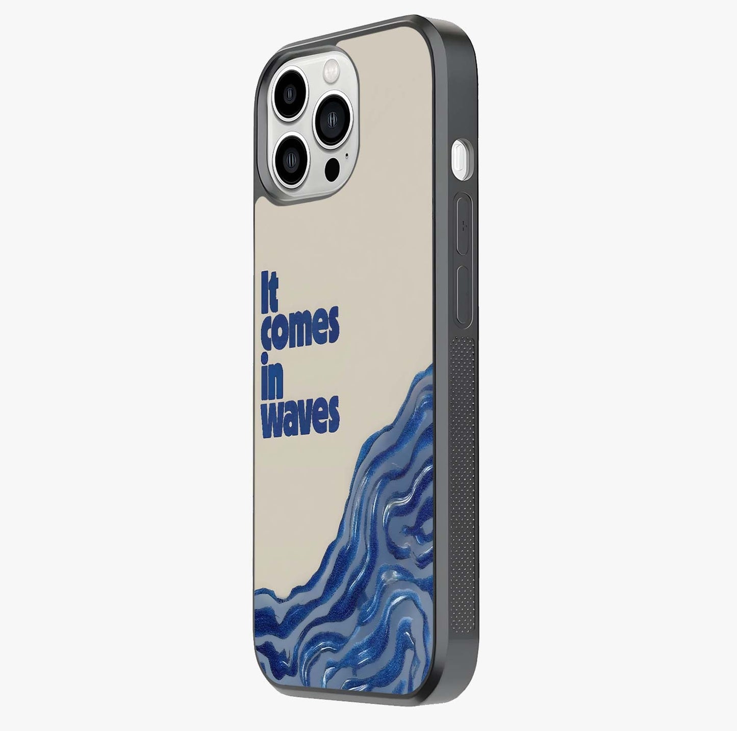 It Comes In Waves Quote Glass Case photographed in natural light showing reflective finish and design depth.