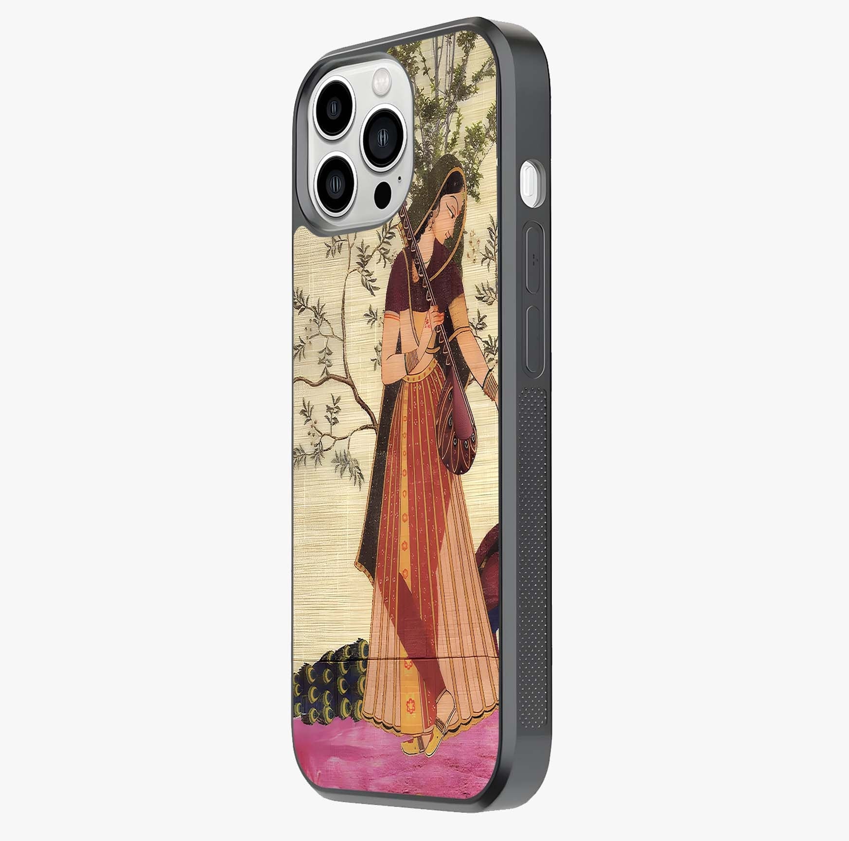 Lady With Veena Art Glass Case photographed in natural light showing reflective finish and design depth.