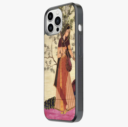 Lady With Veena Art Glass Case photographed in natural light showing reflective finish and design depth.