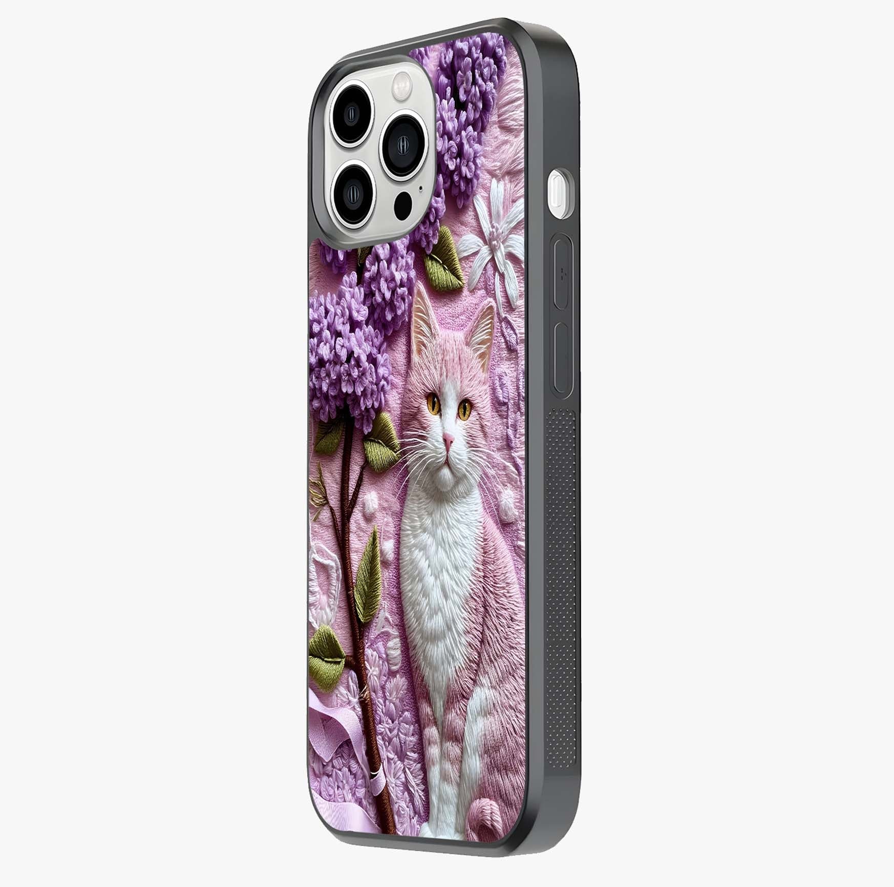 Lavender Cat Whimsy Glass Case photographed in natural light showing reflective finish and design depth.