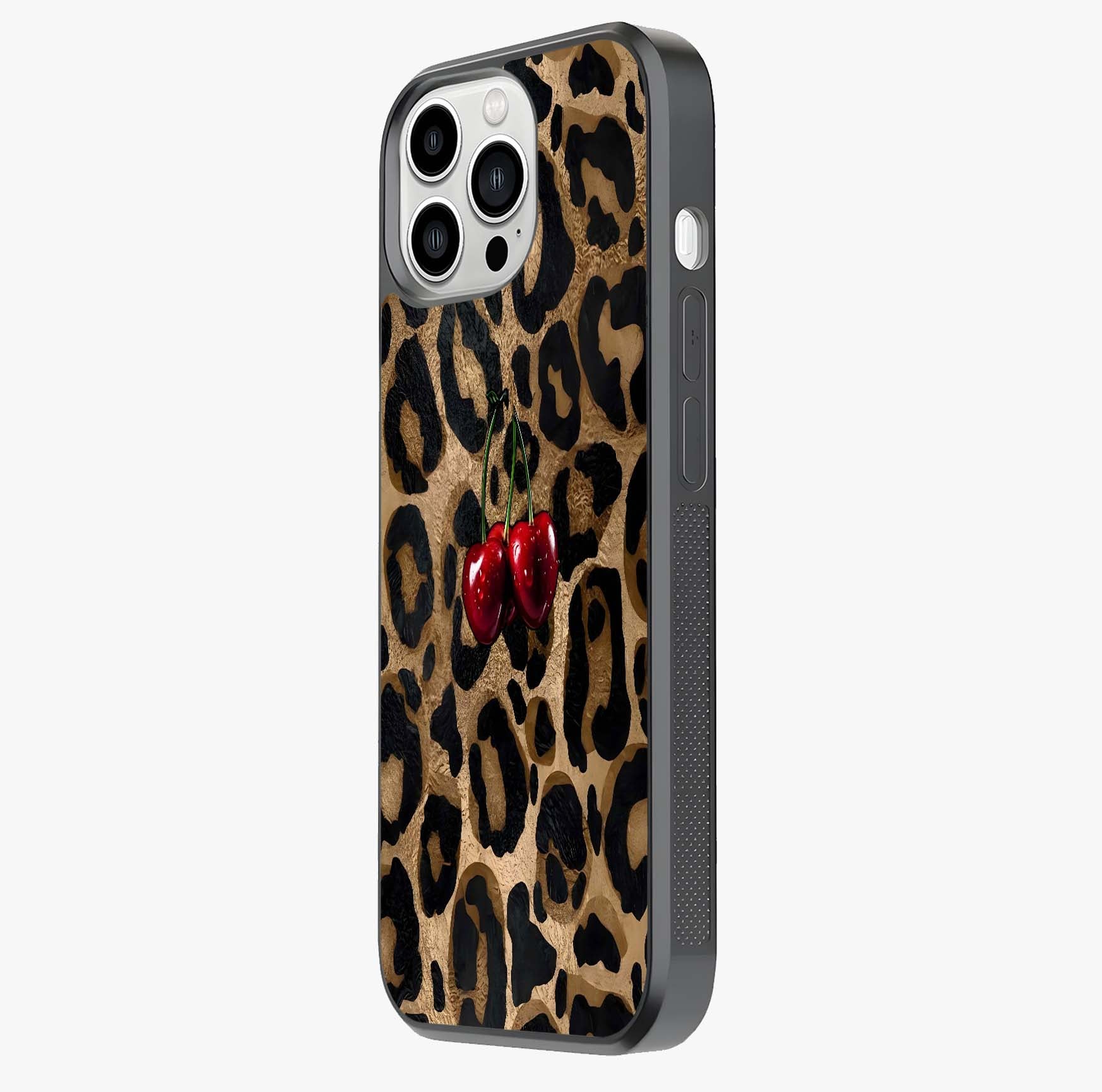 Leopard Wild Cherry Glass Case photographed in natural light showing reflective finish and design depth.