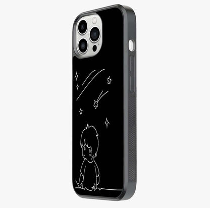 Line Art Boy With Shooting Stars Glass Case photographed in natural light showing reflective finish and design depth.