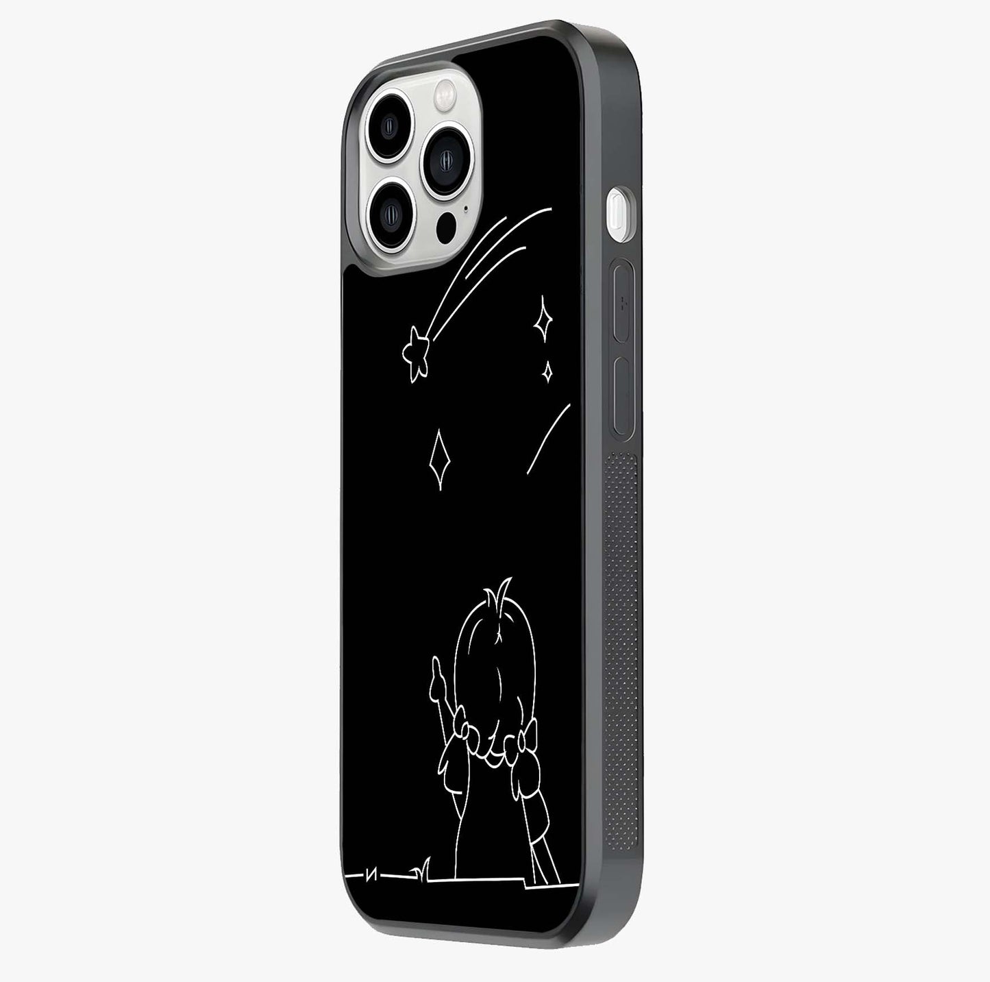 Line Art Girl With Shooting Stars Glass Case photographed in natural light showing reflective finish and design depth.