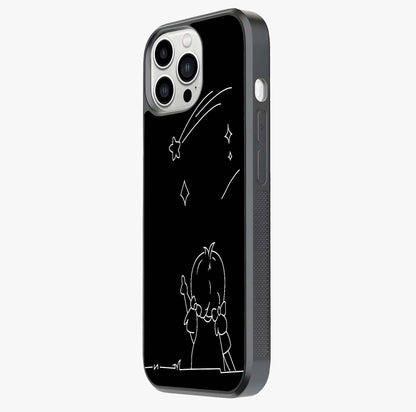 Line Art Girl With Shooting Stars Glass Case photographed in natural light showing reflective finish and design depth.
