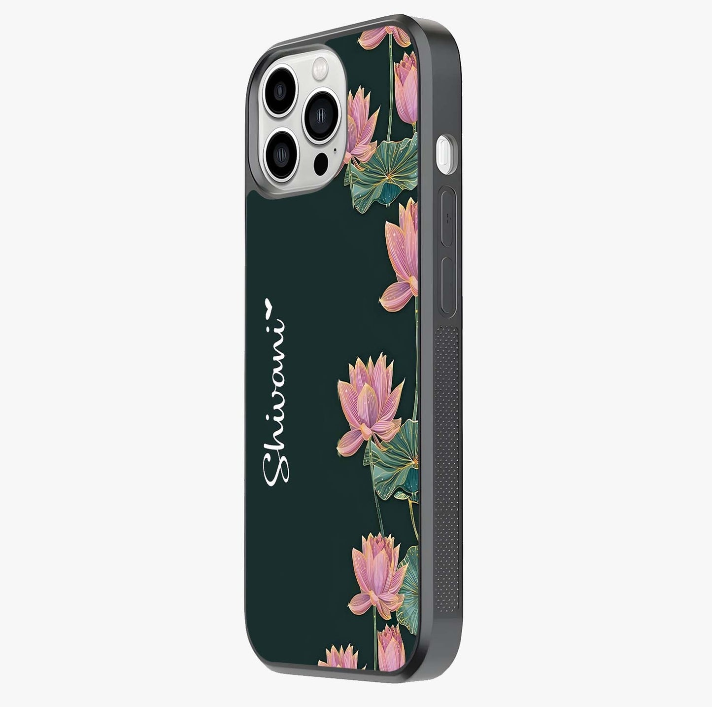 Lotus Bloom Serenity Custom Name Glass Case photographed in natural light showing reflective finish and design depth.