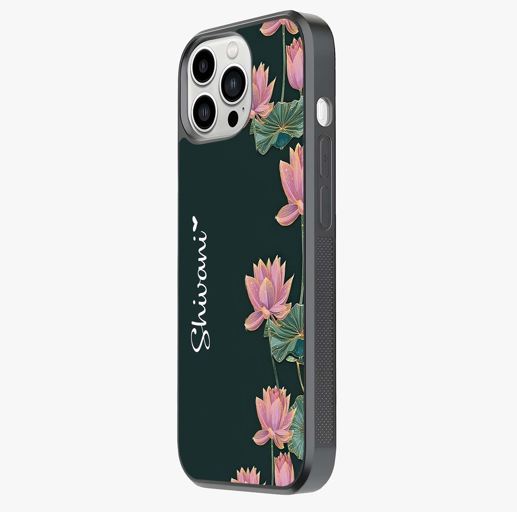 Lotus Bloom Serenity Custom Name Glass Case photographed in natural light showing reflective finish and design depth.