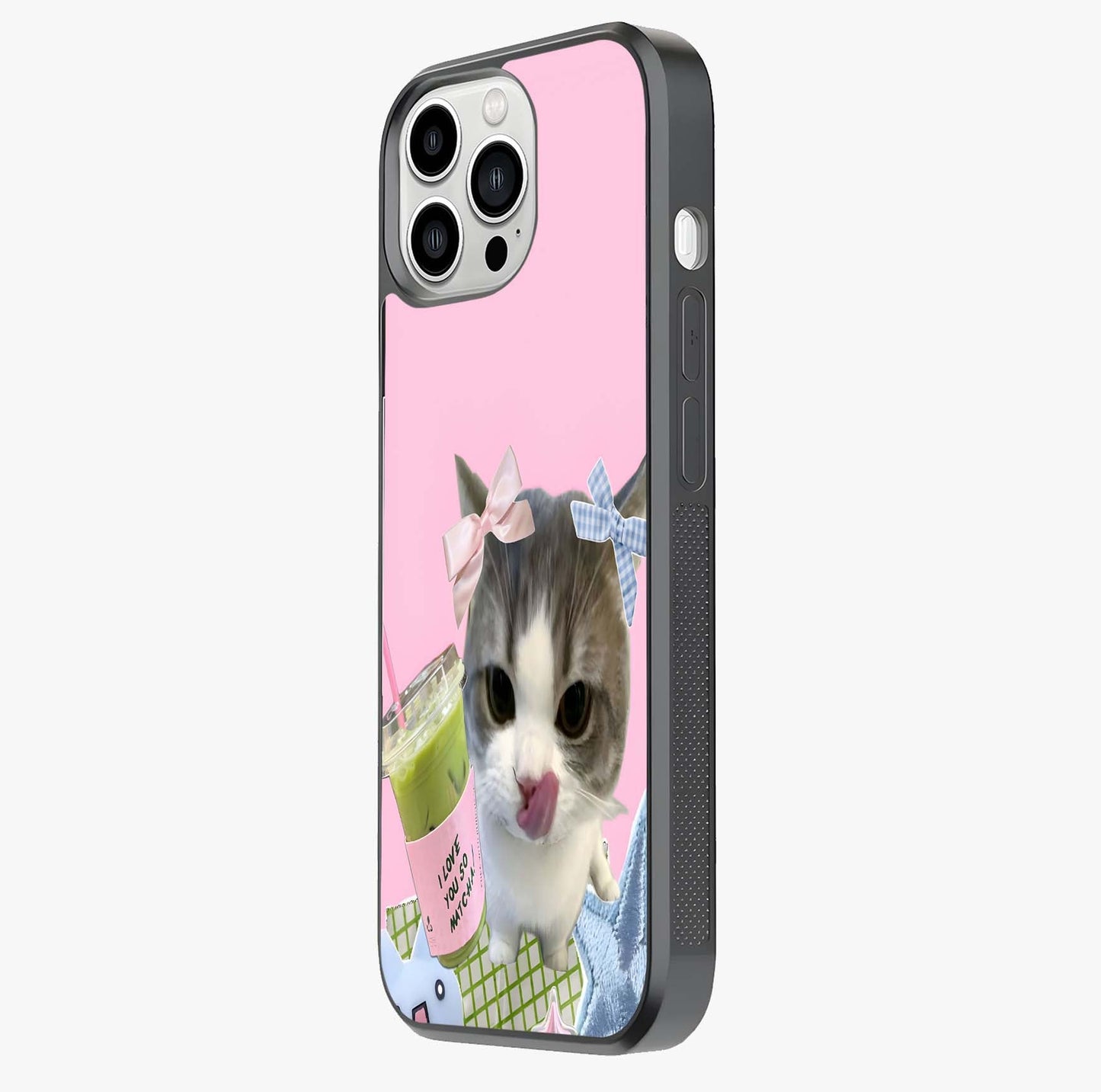 Love Matcha Cat Glass Case photographed in natural light showing reflective finish and design depth.