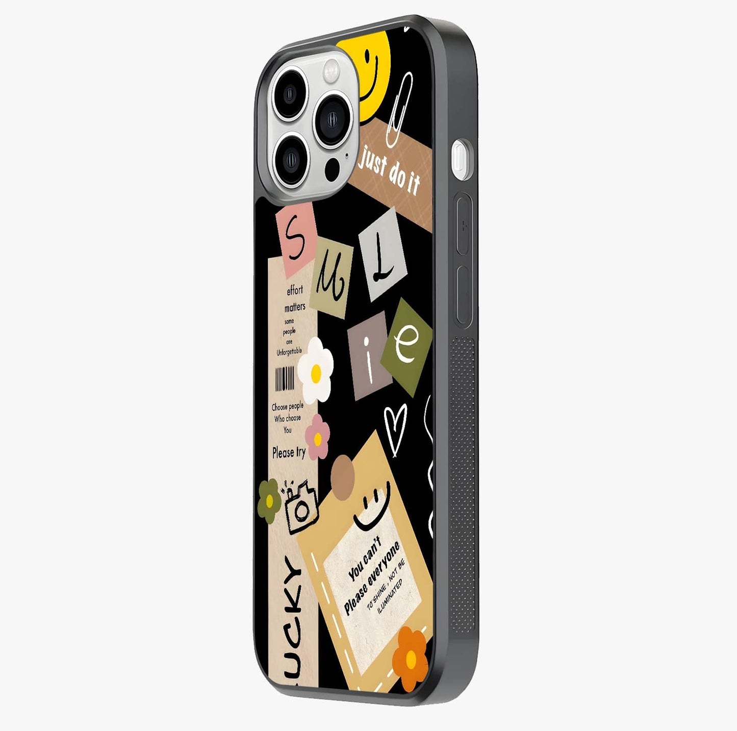 Lucky Aesthetic Collage Glass Case photographed in natural light showing reflective finish and design depth.