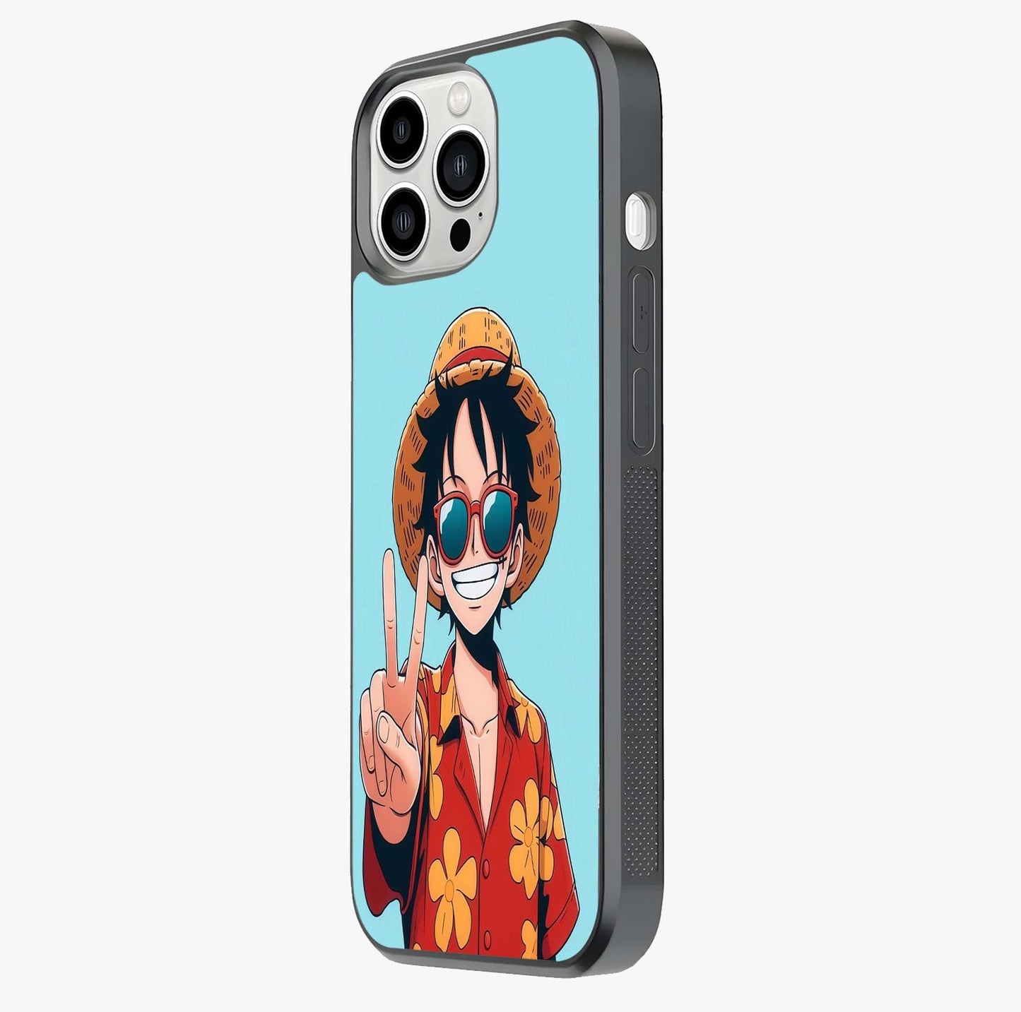 Luffy Summer Anime Vibe Glass Case photographed in natural light showing reflective finish and design depth.