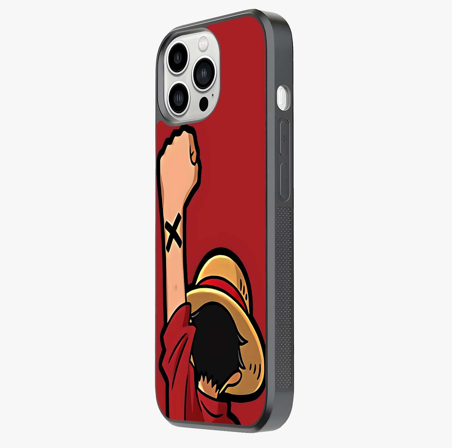 Luffy X Spirit Glass Case photographed in natural light showing reflective finish and design depth.