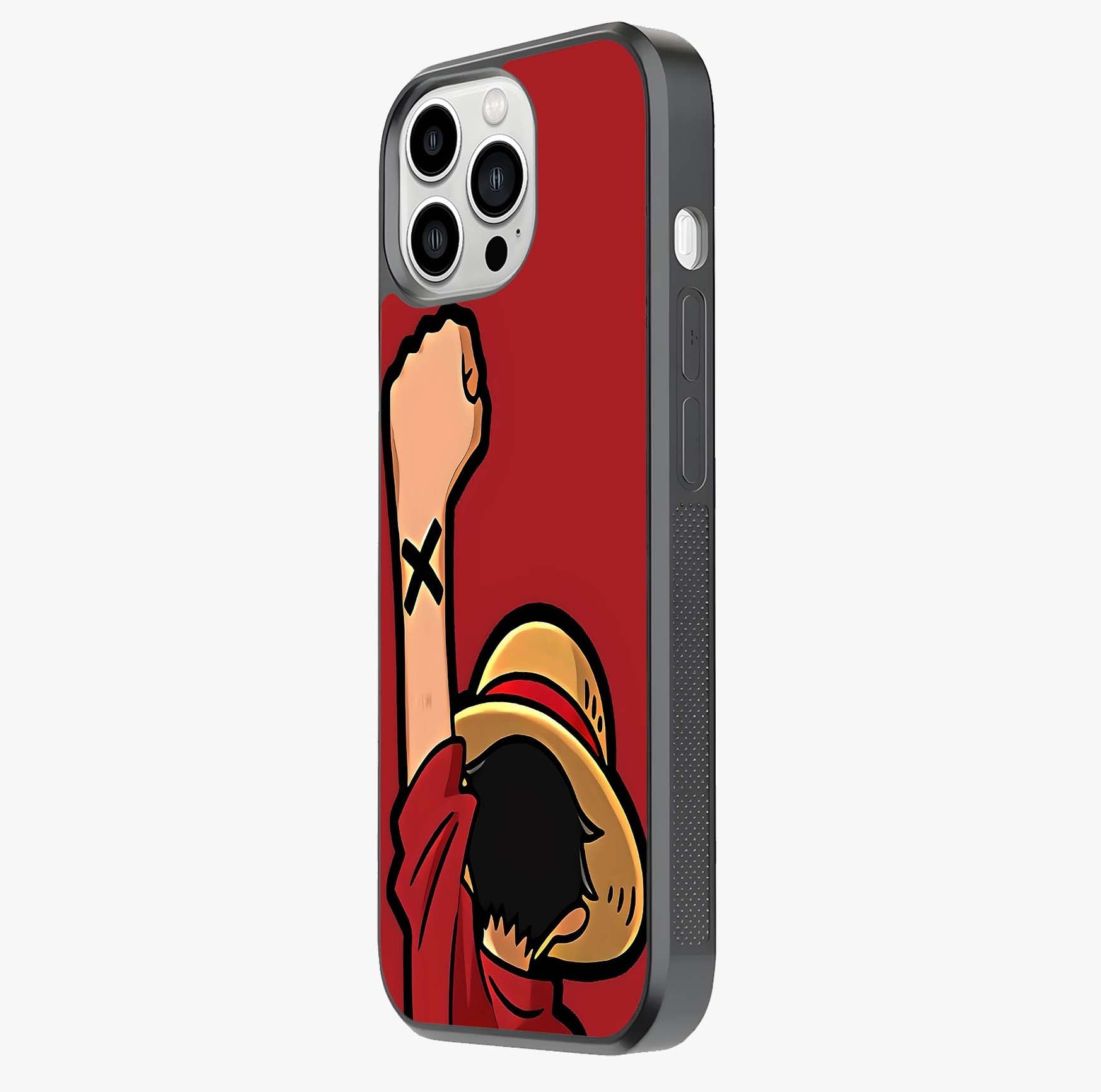 Luffy X Spirit Glass Case photographed in natural light showing reflective finish and design depth.