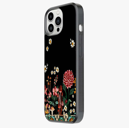 Midnight Bloom Pattern Glass Case photographed in natural light showing reflective finish and design depth.