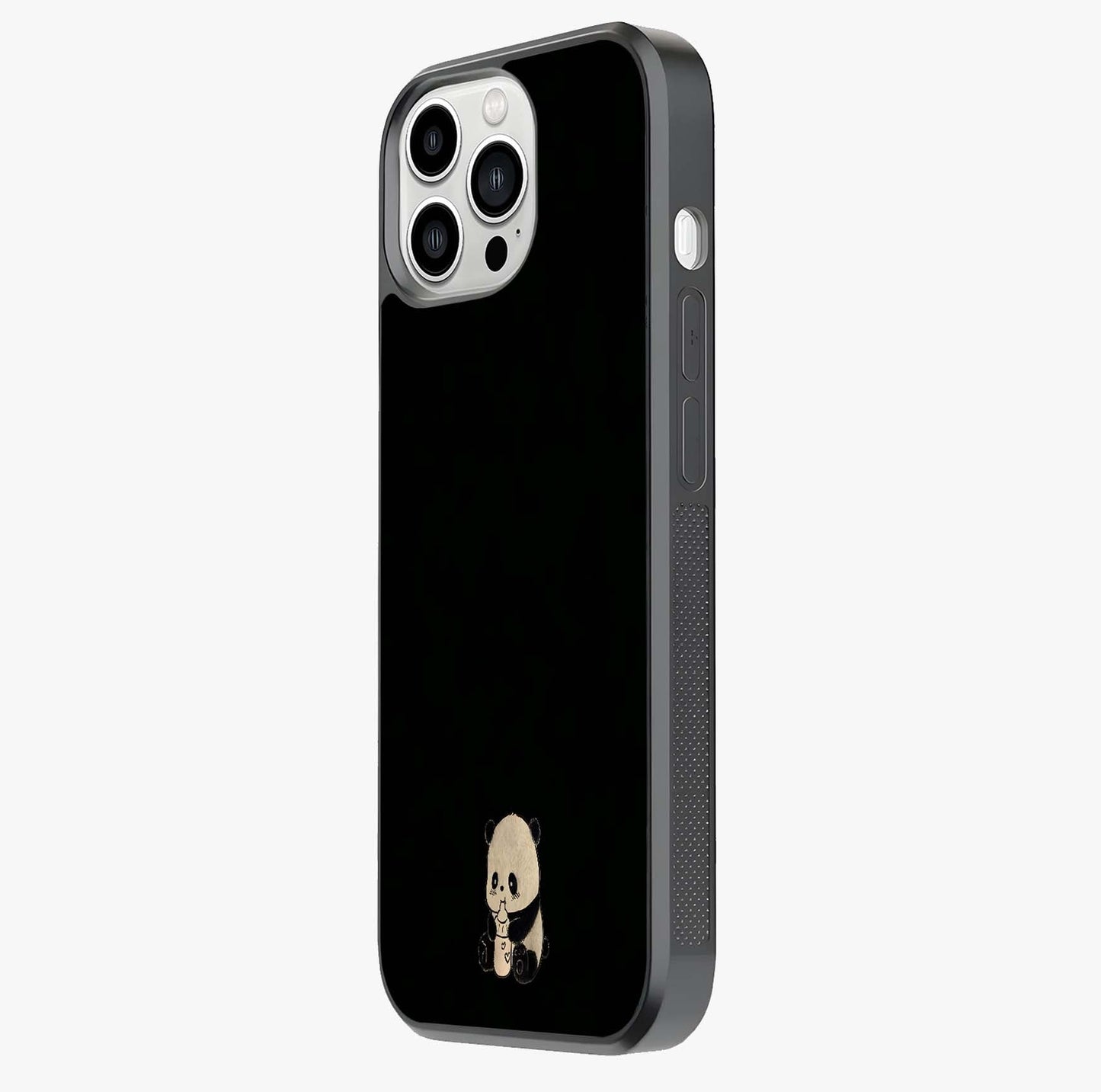 Midnight Panda Love Glass Case photographed in natural light showing reflective finish and design depth.