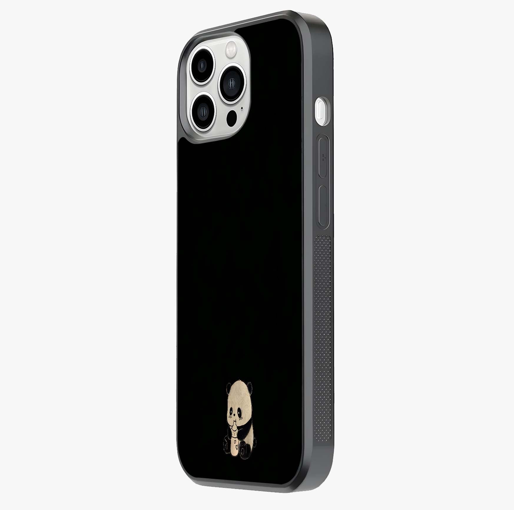 Midnight Panda Love Glass Case photographed in natural light showing reflective finish and design depth.