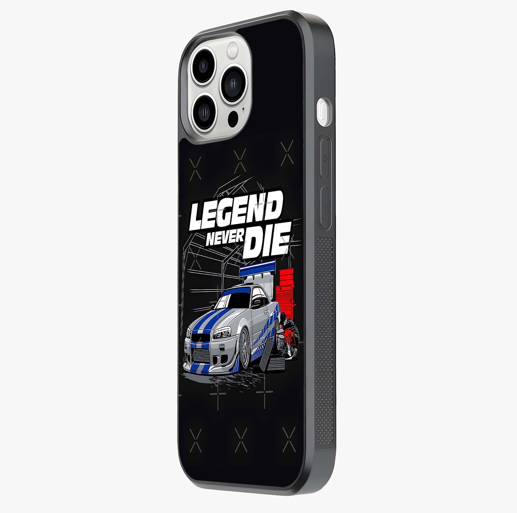 Midnight Racing Legacy Glass Case photographed in natural light showing reflective finish and design depth.
