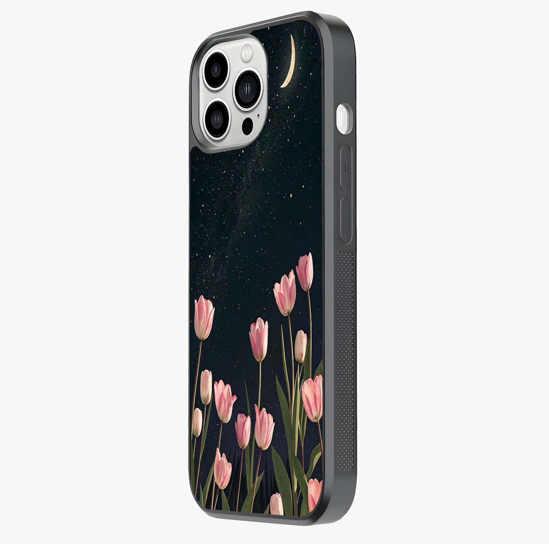 Midnight Tulip Whispers Vibe Glass Case photographed in natural light showing reflective finish and design depth.