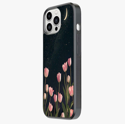 Midnight Tulip Whispers Vibe Glass Case photographed in natural light showing reflective finish and design depth.
