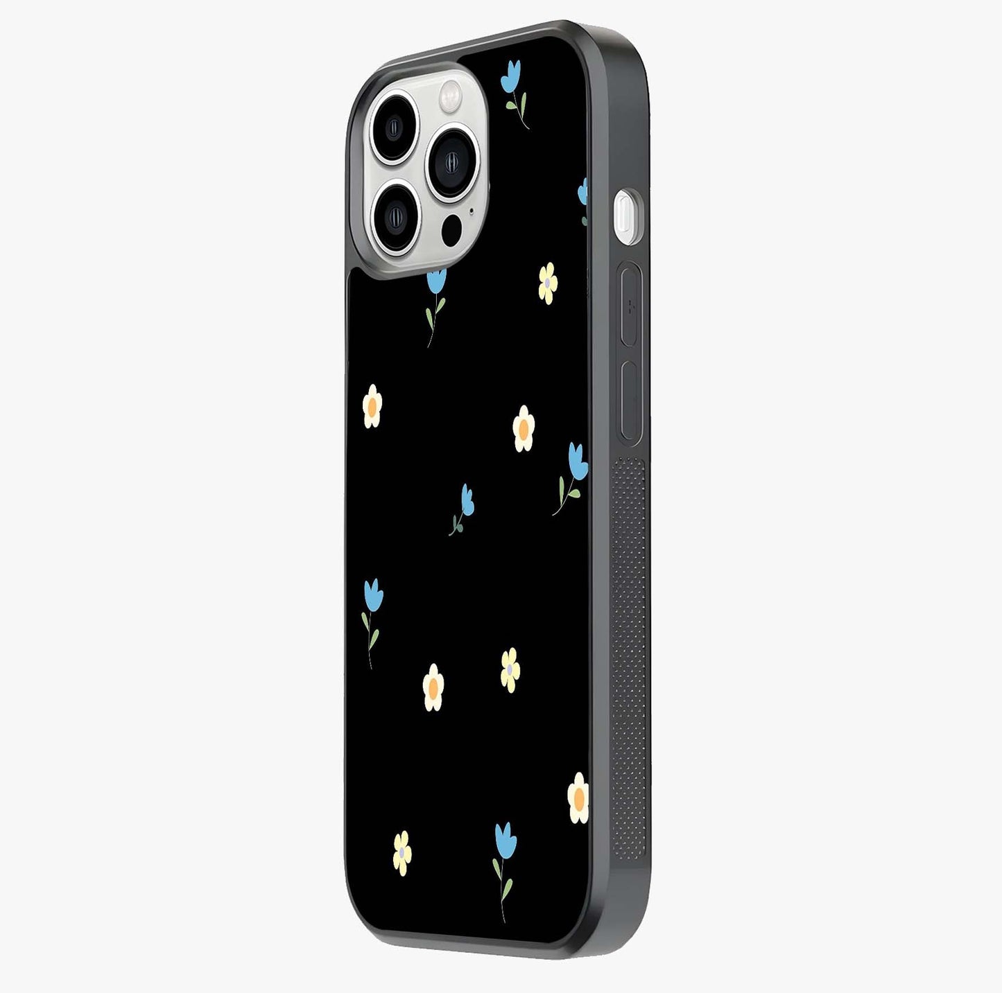 Minimalistic Blue With White Flower Pattern Glass Case photographed in natural light showing reflective finish and design depth.