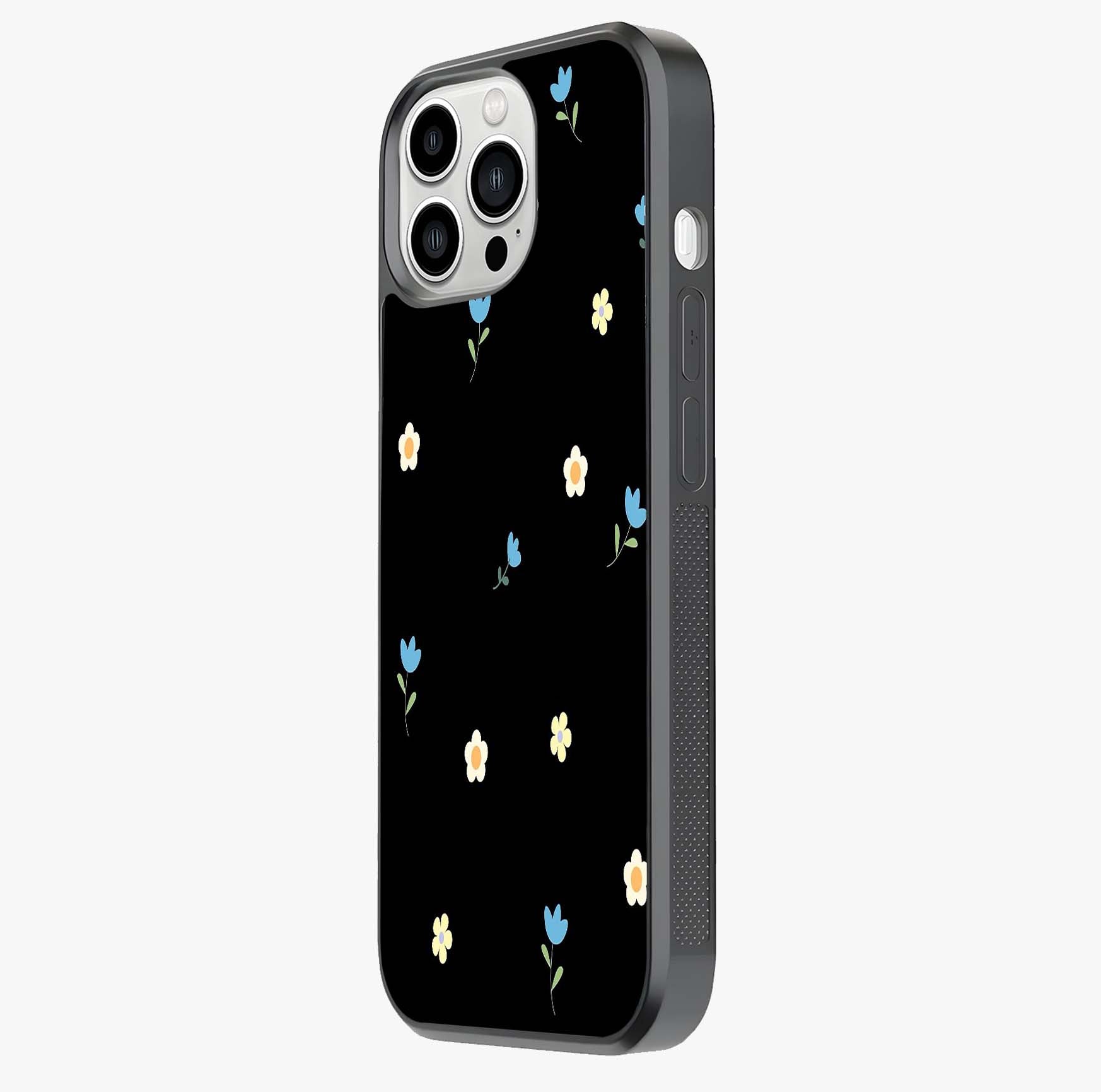 Minimalistic Blue With White Flower Pattern Glass Case photographed in natural light showing reflective finish and design depth.