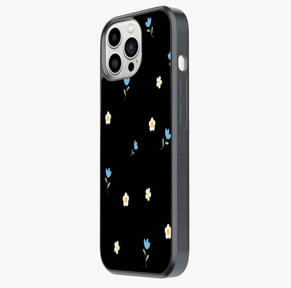 Minimalistic Blue With White Flower Pattern Glass Case photographed in natural light showing reflective finish and design depth.