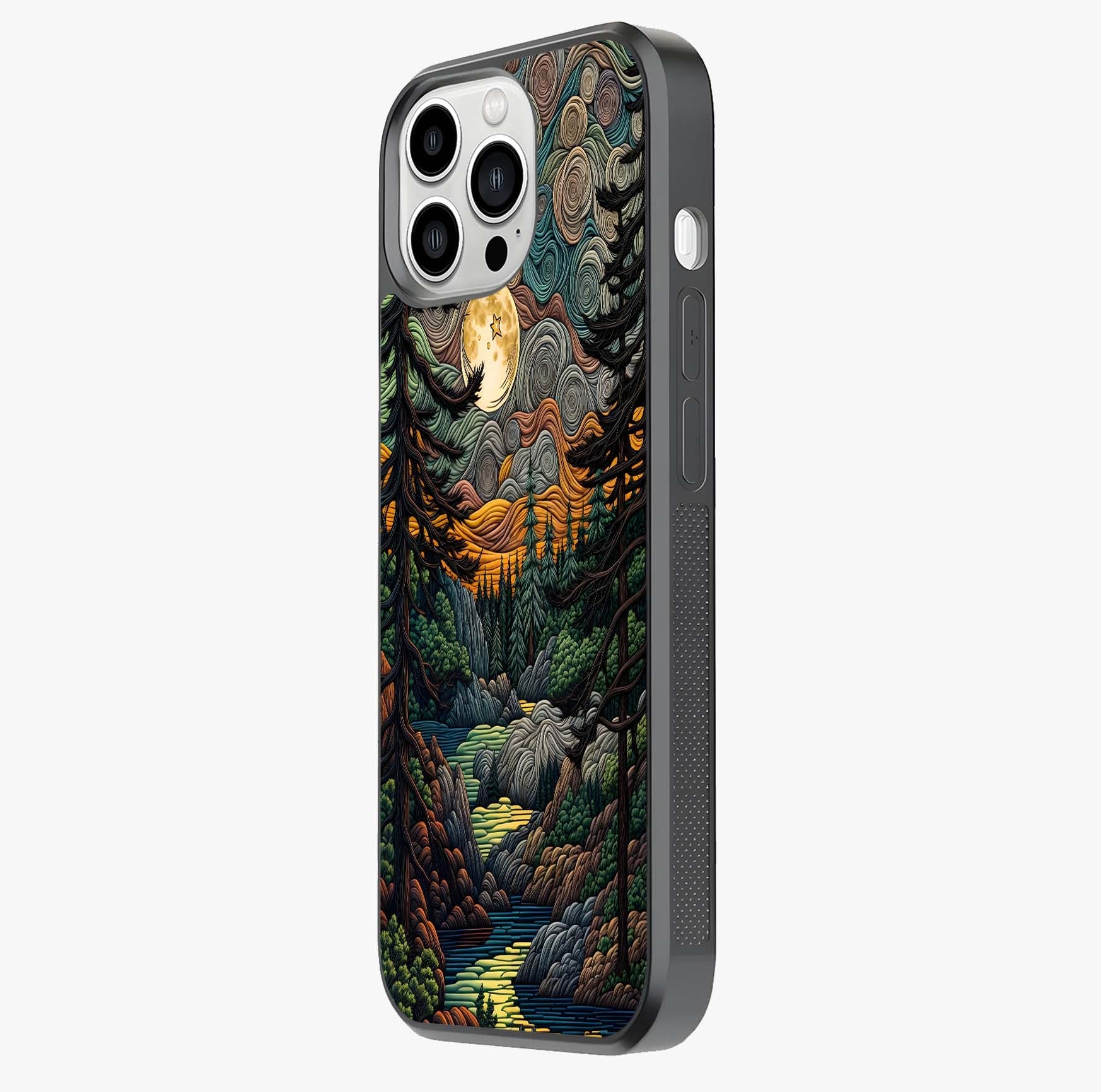 Moonlight Forest Dream Glass Case photographed in natural light showing reflective finish and design depth.