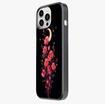 Moonlit Floral Elegance Glass Case photographed in natural light showing reflective finish and design depth.