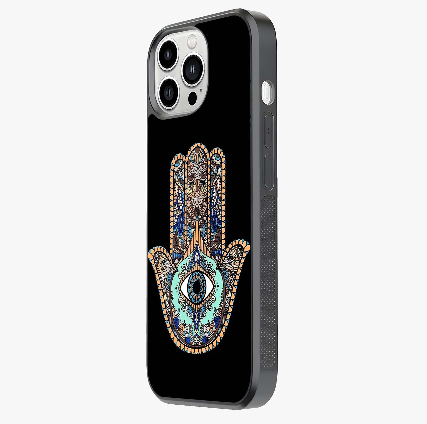 Mystic Hamsa Eye Glass Case photographed in natural light showing reflective finish and design depth.